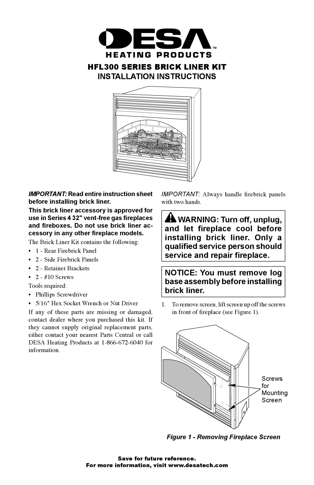 Desa installation instructions HFL300 Series Brick Liner KIT Installation Instructions 