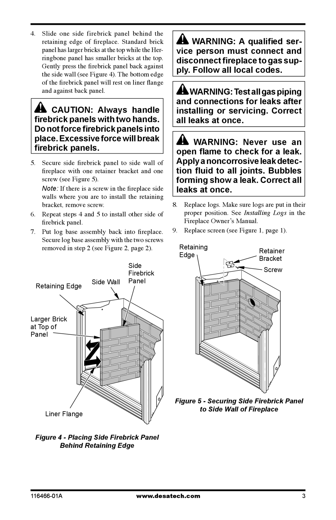 Desa HFL300 installation instructions Placing Side Firebrick Panel Behind Retaining Edge 