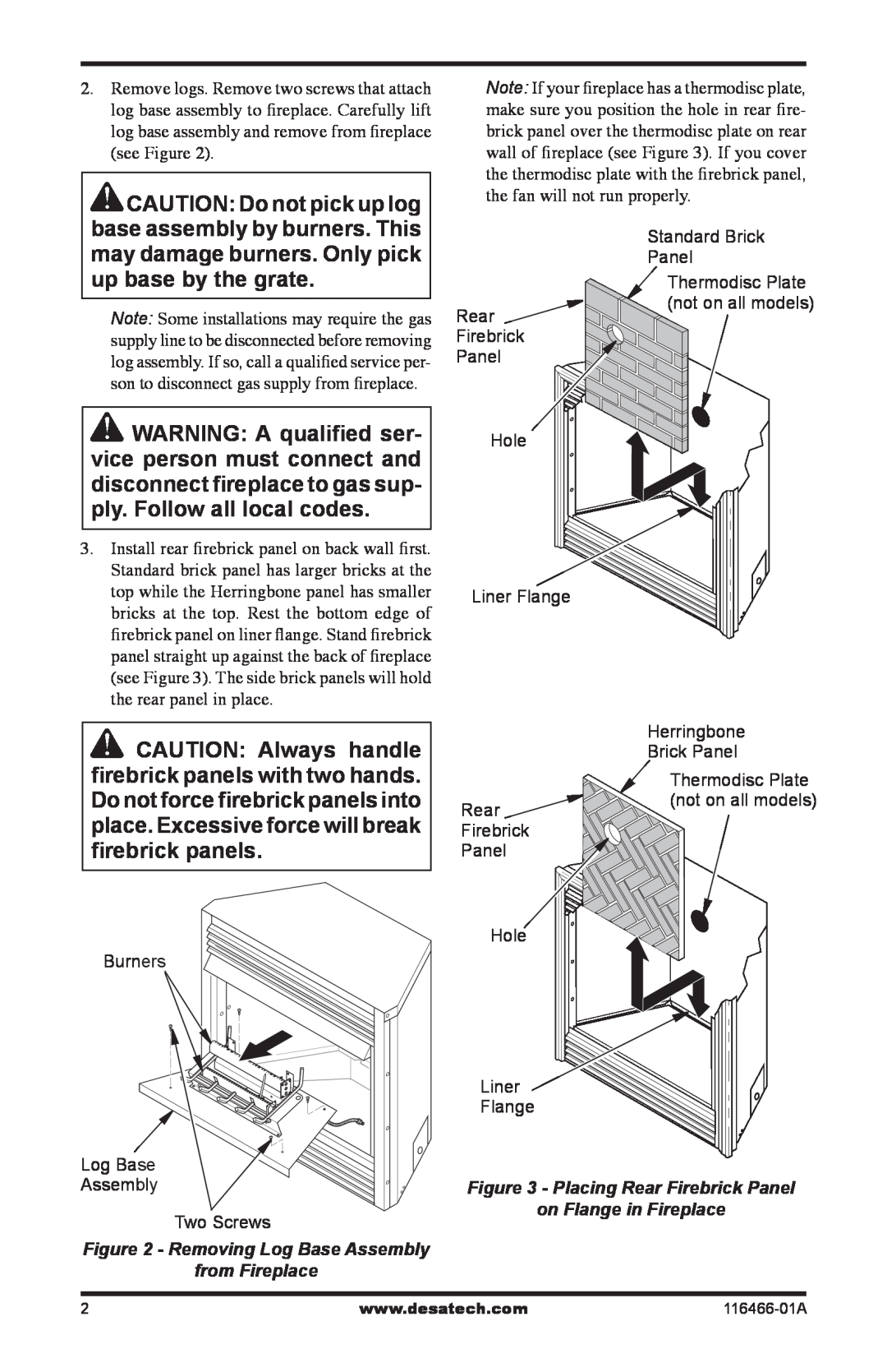 Desa HFL300 installation instructions Removing Log Base Assembly, from Fireplace 
