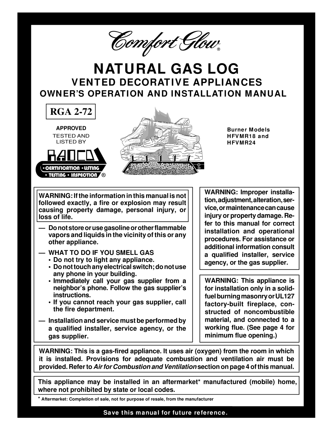 Desa HFVMR24, HFVMR18 installation manual OWNER’S Operation and Installation Manual, What to do if YOU Smell GAS 