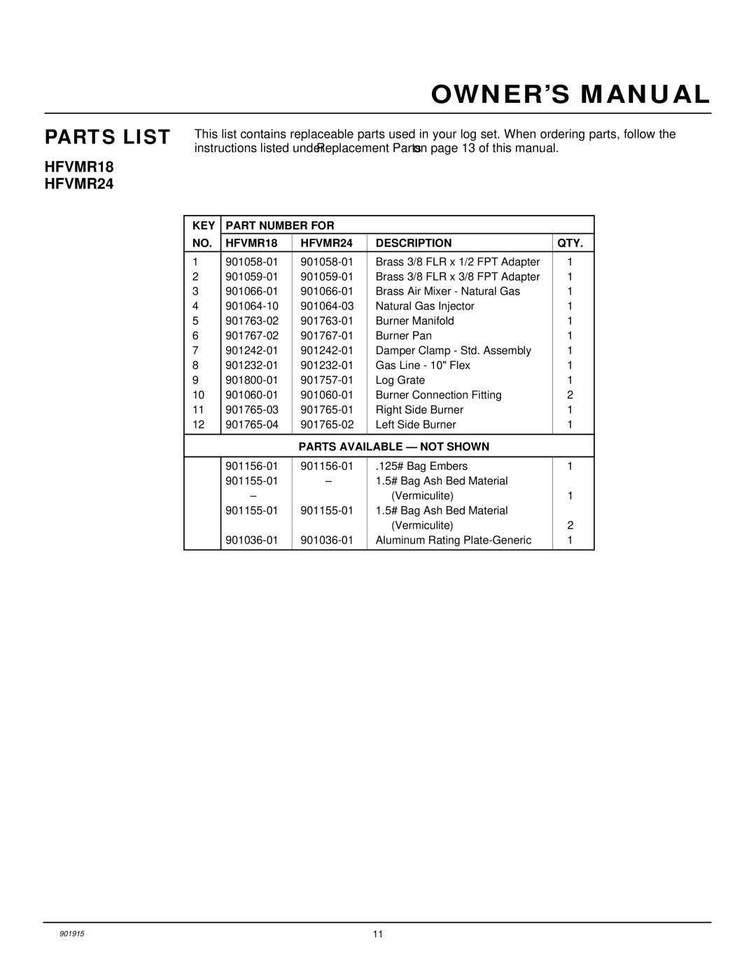 Desa installation manual Parts List, KEY Part Number for HFVMR18 HFVMR24 Description QTY 