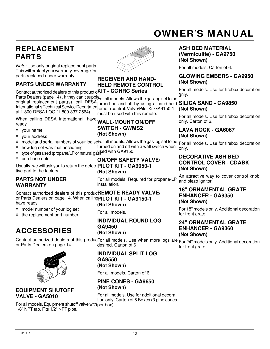 Desa HFVMR24, HFVMR18 installation manual Replacement Parts, Accessories 