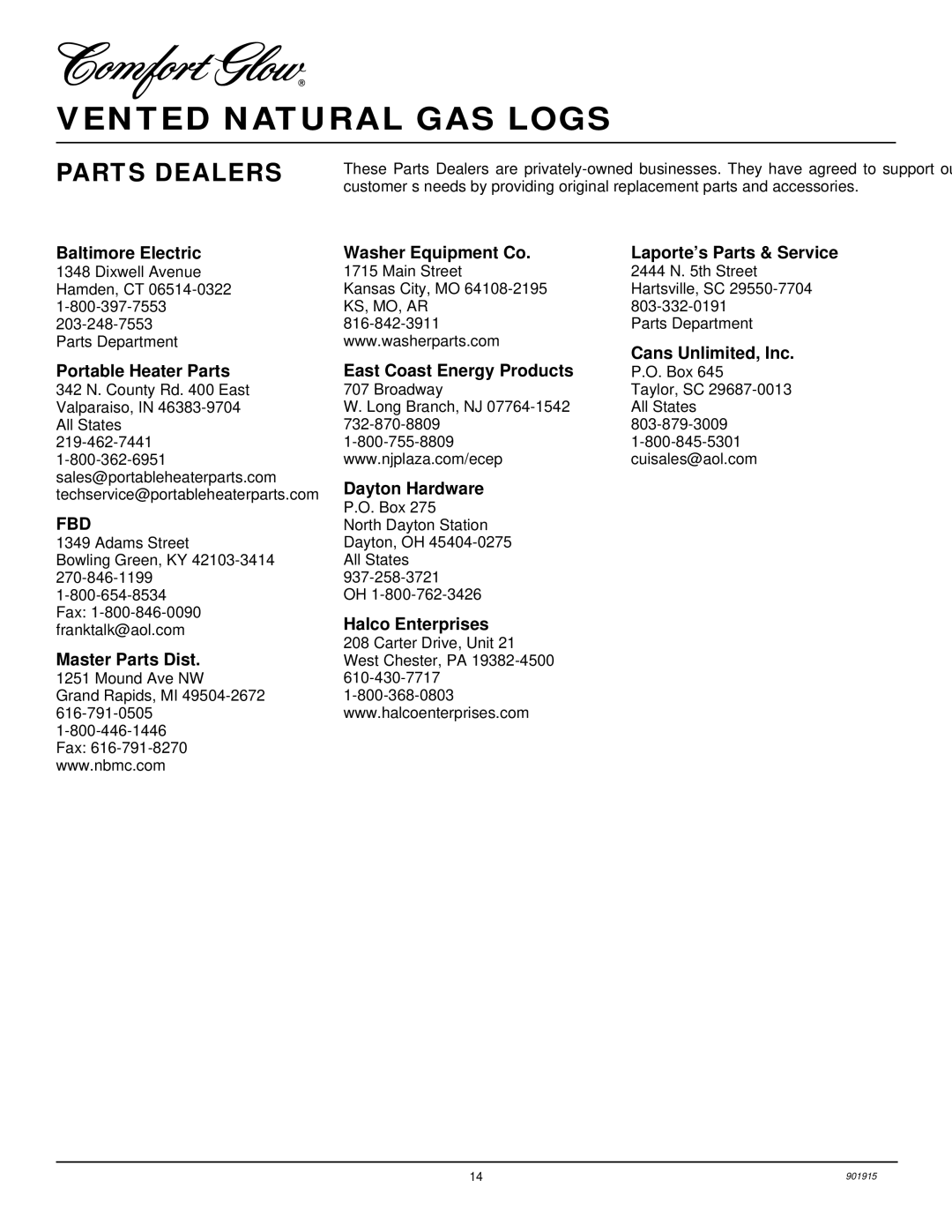 Desa HFVMR18, HFVMR24 installation manual Parts Dealers 