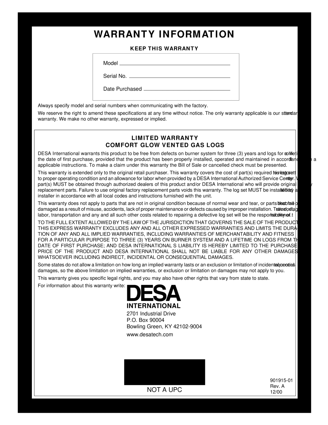 Desa HFVMR18, HFVMR24 installation manual Warranty Information, International 