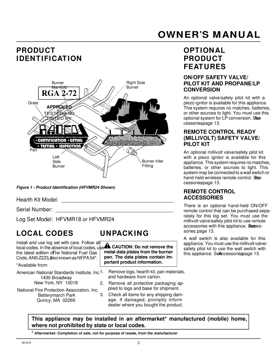 Desa HFVMR24, HFVMR18 Product Identification, Local Codes Unpacking Optional Product Features, Remote Control Accessories 