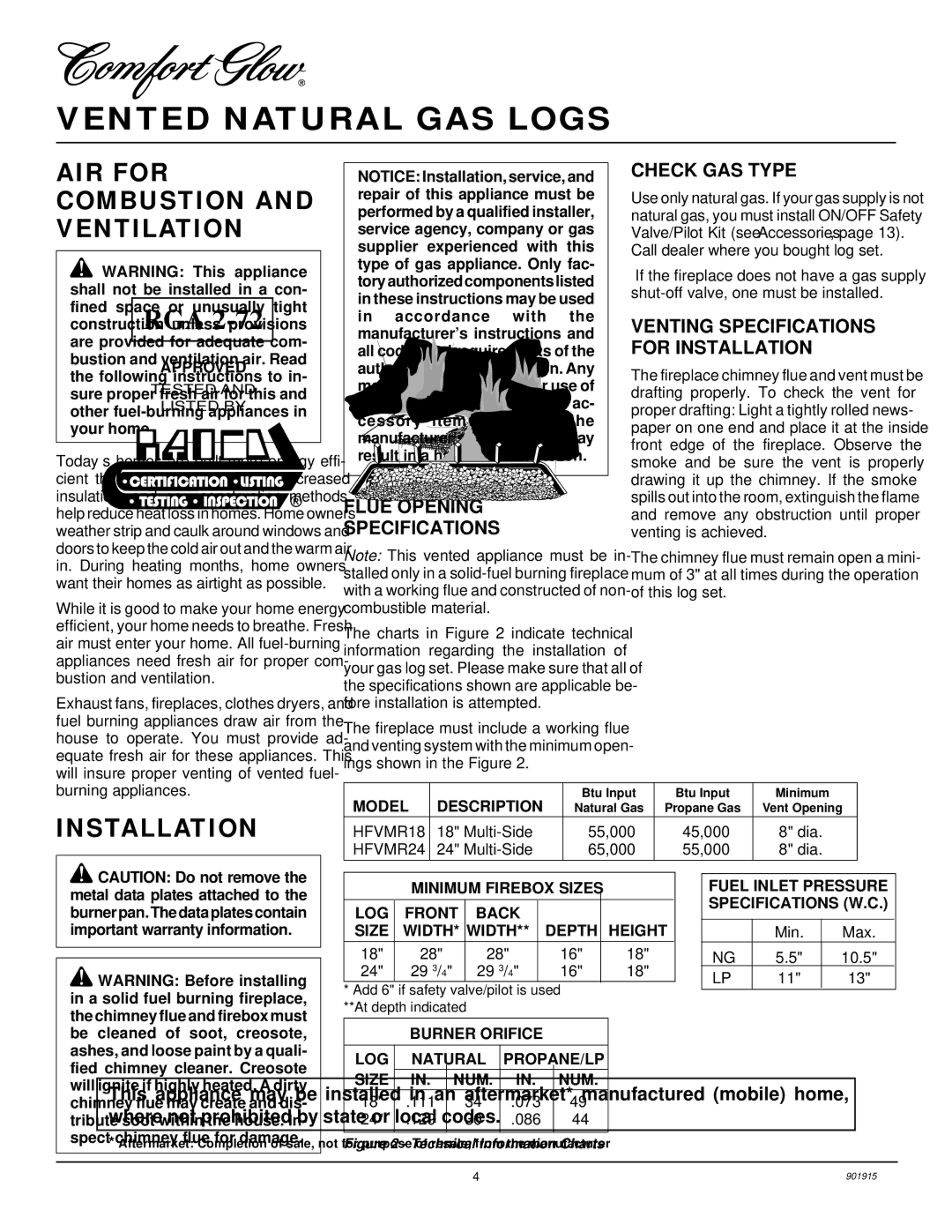 Desa HFVMR18, HFVMR24 AIR for Combustion and Ventilation, Installation, Flue Opening Specifications, Check GAS Type 