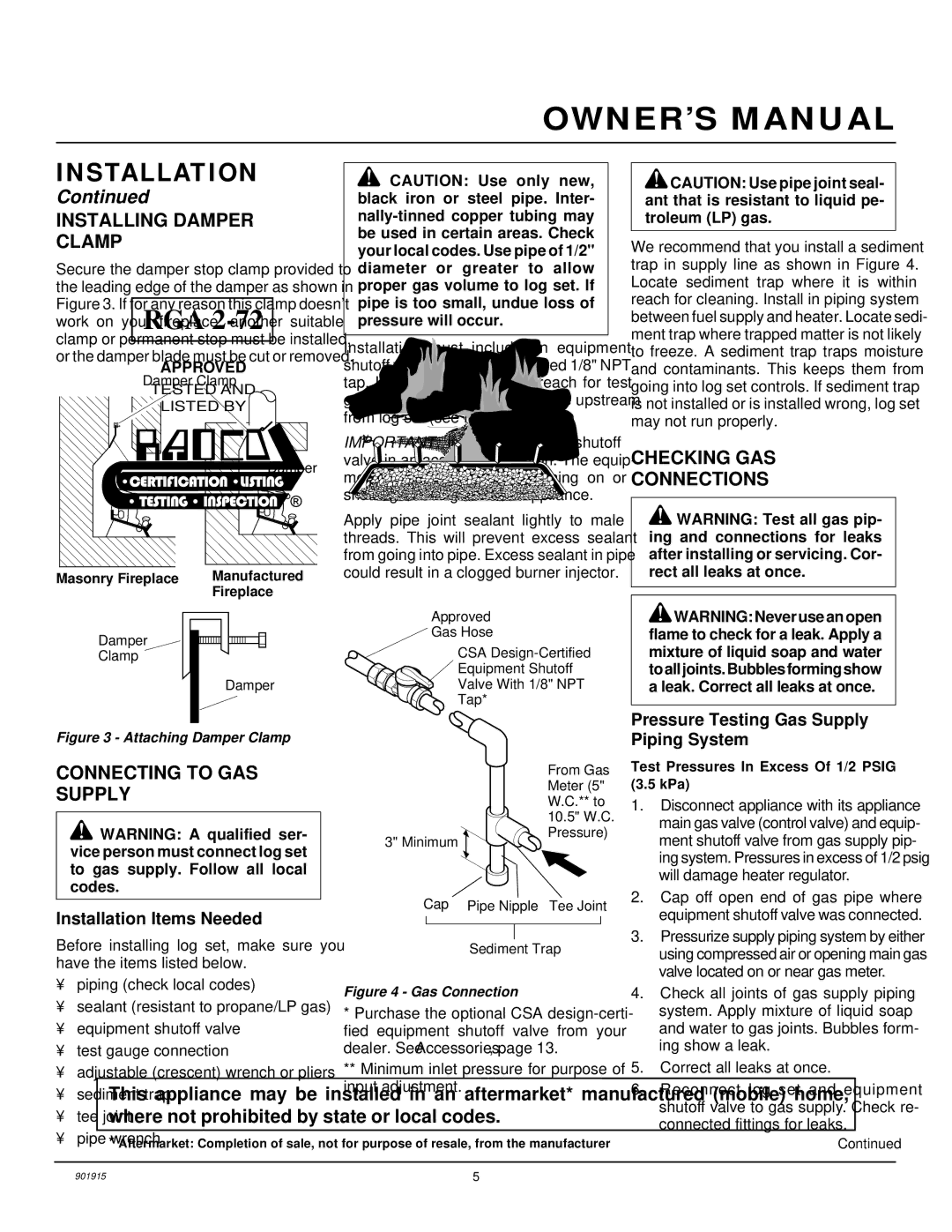 Desa HFVMR24 Installing Damper Clamp, Checking GAS Connections, Connecting to GAS Supply, Installation Items Needed 