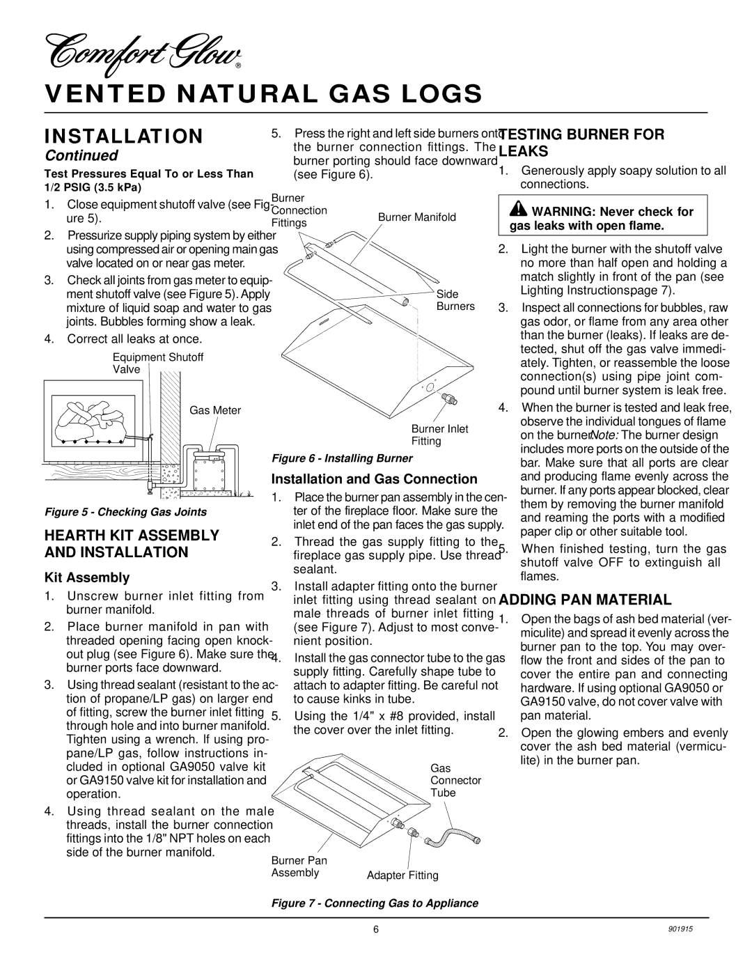 Desa HFVMR18, HFVMR24 Hearth KIT Assembly and Installation, Testing Burner for Leaks, Adding PAN Material, Kit Assembly 