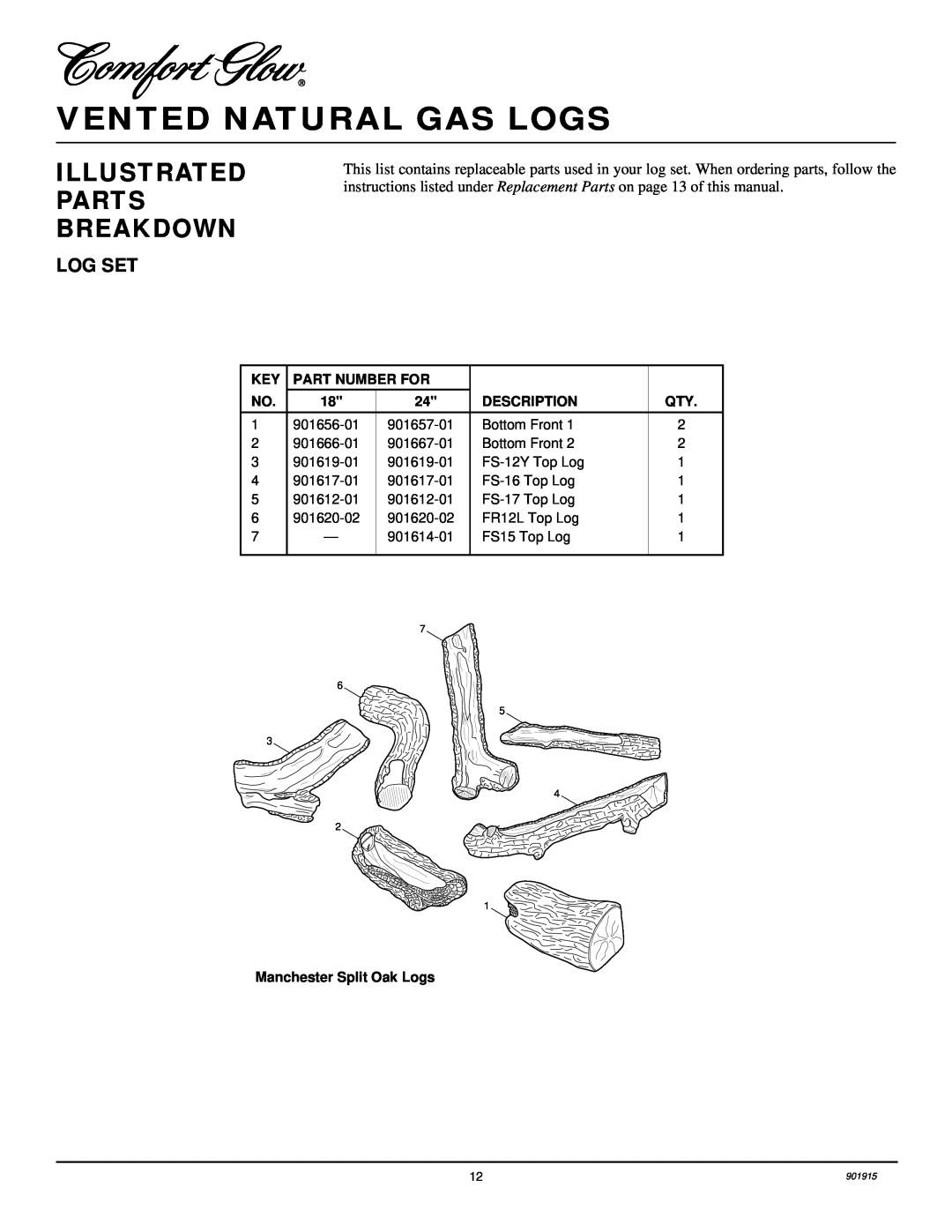 Desa HFVMR18 Vented Natural Gas Logs, Illustrated Parts Breakdown, Part Number For, Description, Manchester Split Oak Logs 