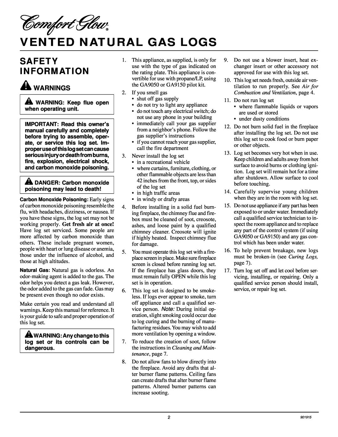 Desa HFVMR18, HFVMR24 installation manual Vented Natural Gas Logs, Safety Information 