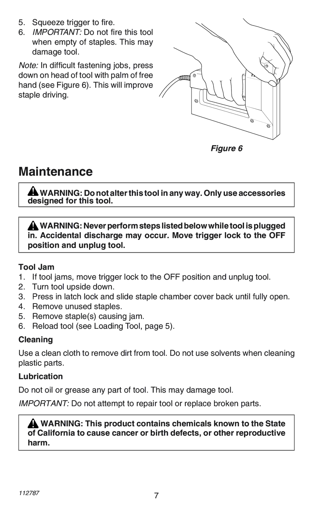 Desa HH34392 operating instructions Maintenance, Tool Jam, Cleaning, Lubrication 