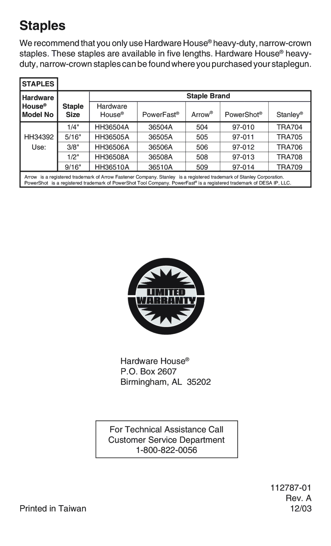 Desa HH34392 operating instructions Staples 