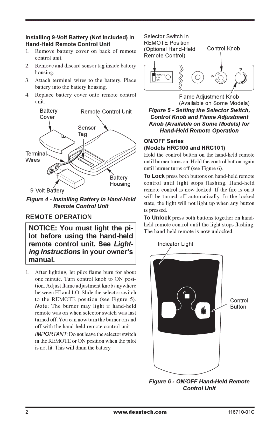 Desa operating instructions Remote Operation, ON/OFF Series Models HRC100 and HRC101 