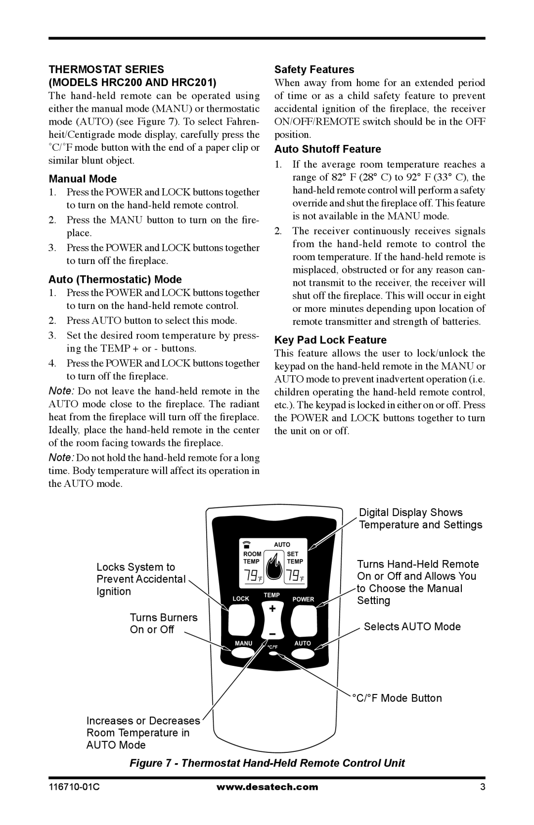 Desa HRC101 Thermostat Series Models HRC200 and HRC201, Manual Mode, Auto Thermostatic Mode, Safety Features 