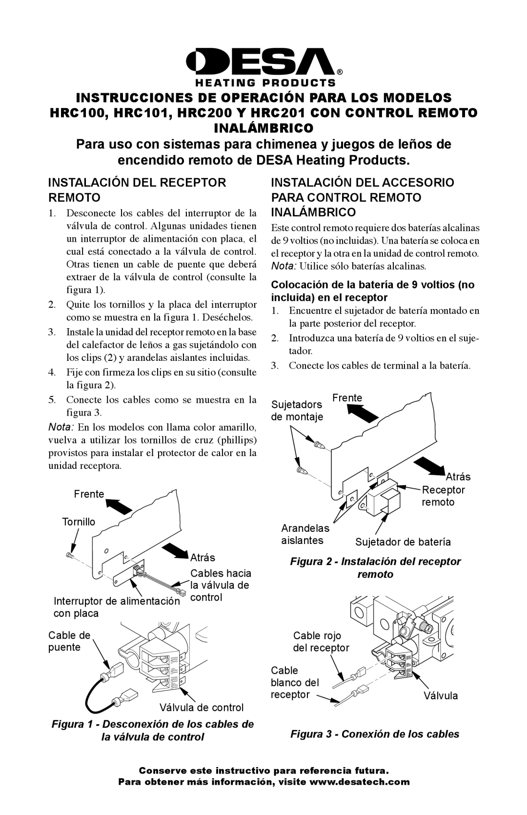 Desa HRC101 Instalación del receptor remoto, Instalación DEL Accesorio Para Control Remoto Inalámbrico 