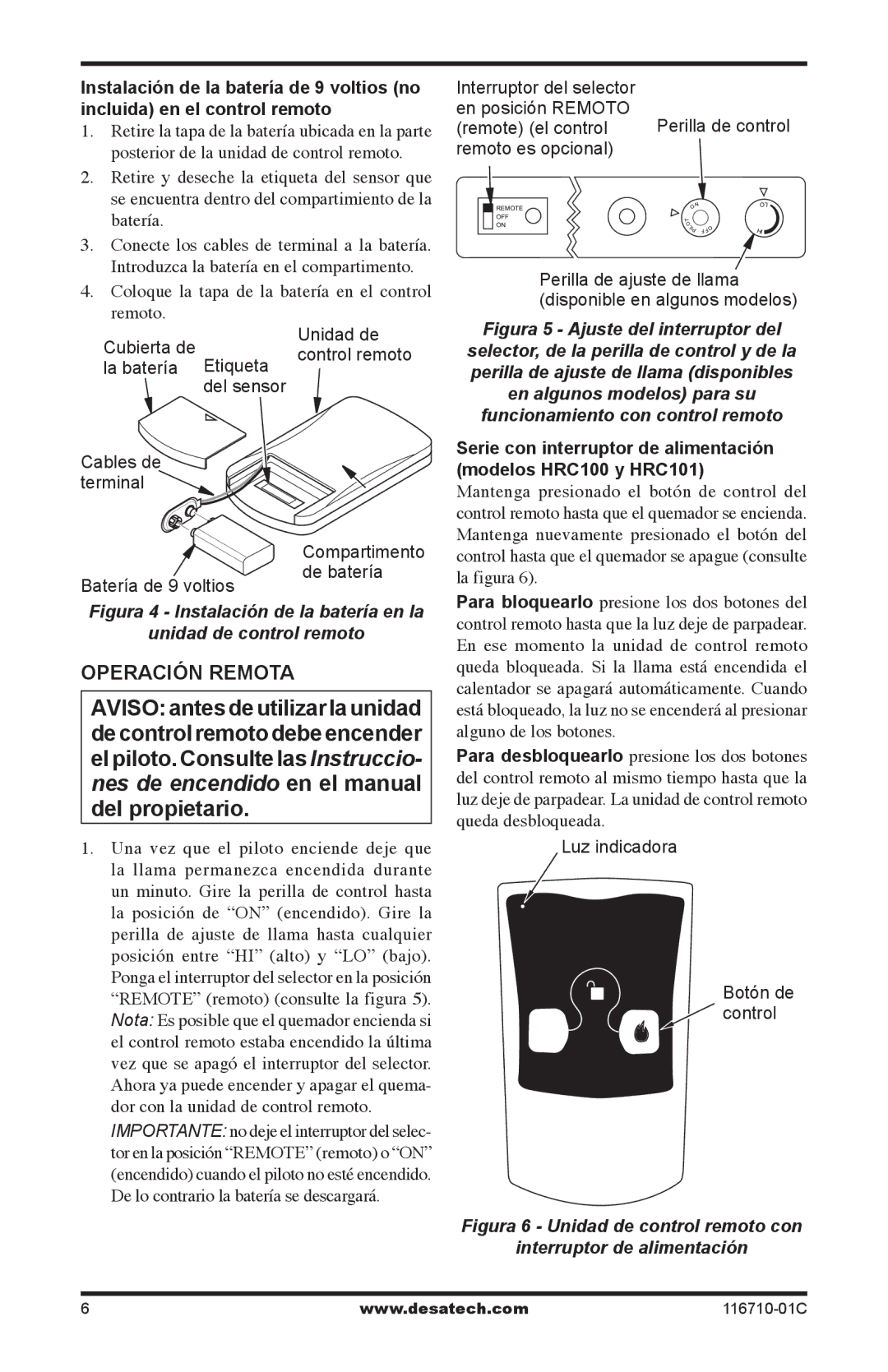 Desa HRC101 operating instructions Operación Remota, Figura 4 Instalación de la batería en la 