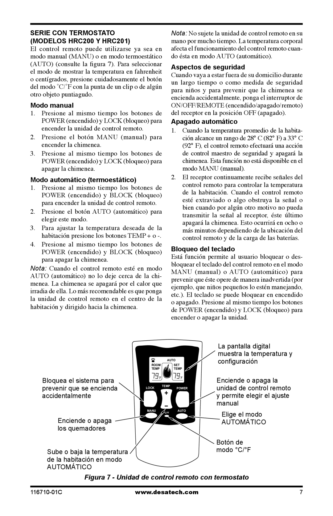 Desa HRC101 Serie con termostato Modelos HRC200 y HRC201, Modo manual, Modo automático termoestático, Apagado automático 