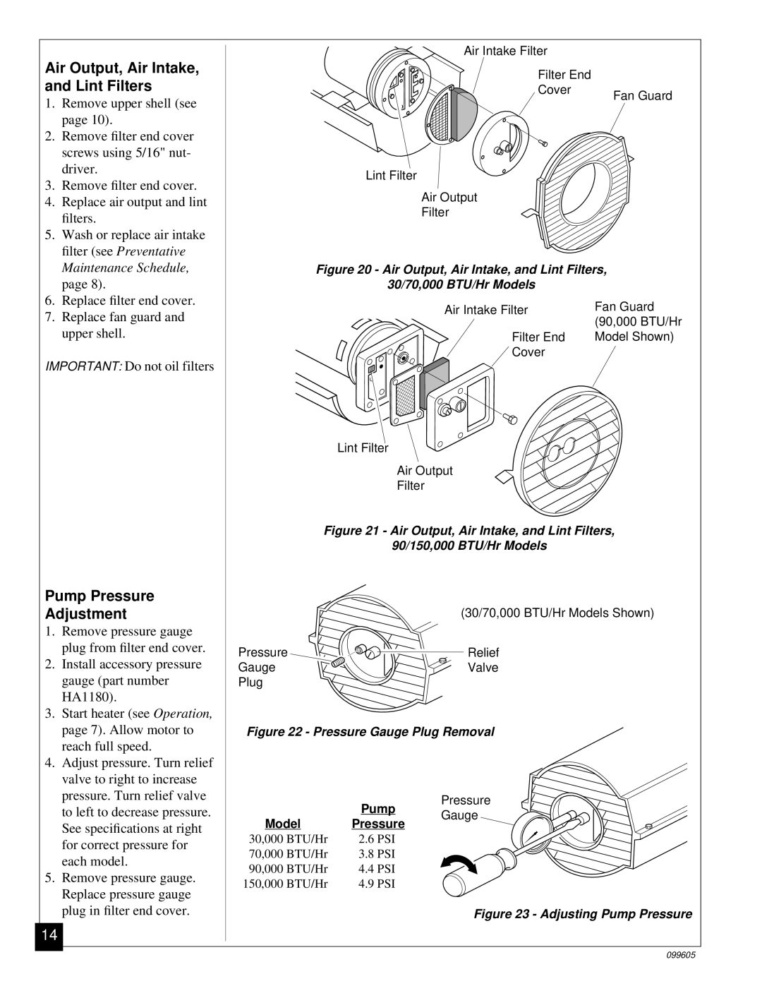 Desa H.S.I. Series owner manual Air Output, Air Intake, and Lint Filters, Pump Pressure Adjustment 