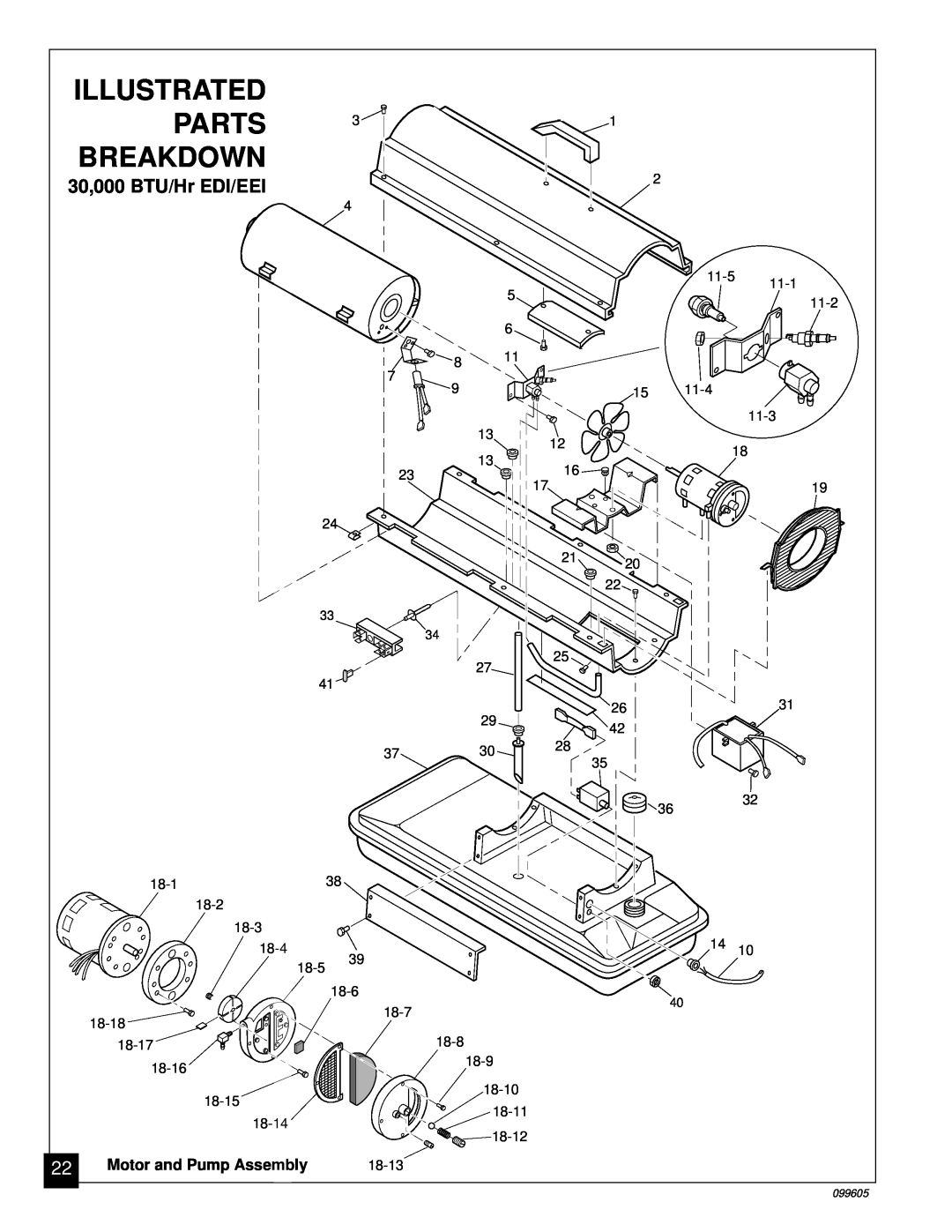 Desa H.S.I. Series owner manual Parts, Breakdown, Illustrated, 30,000 BTU/Hr EDI/EEI, Motor and Pump Assembly 