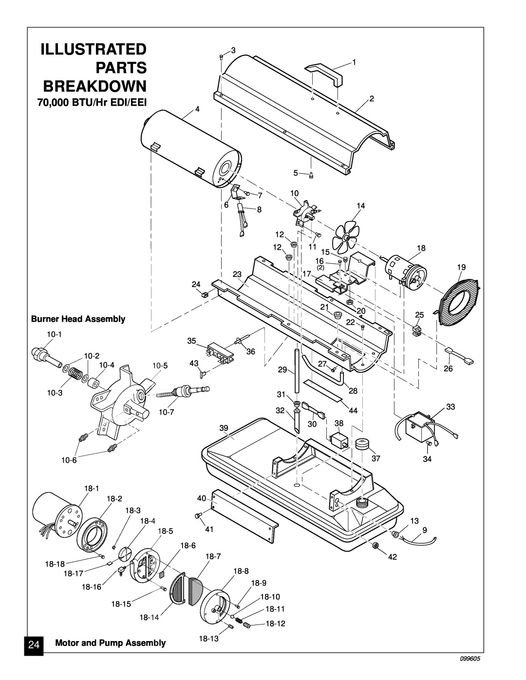 Desa H.S.I. Series 70,000 BTU/Hr EDI/EEI, Parts, Breakdown, Illustrated, Burner Head Assembly, Motor and Pump Assembly 