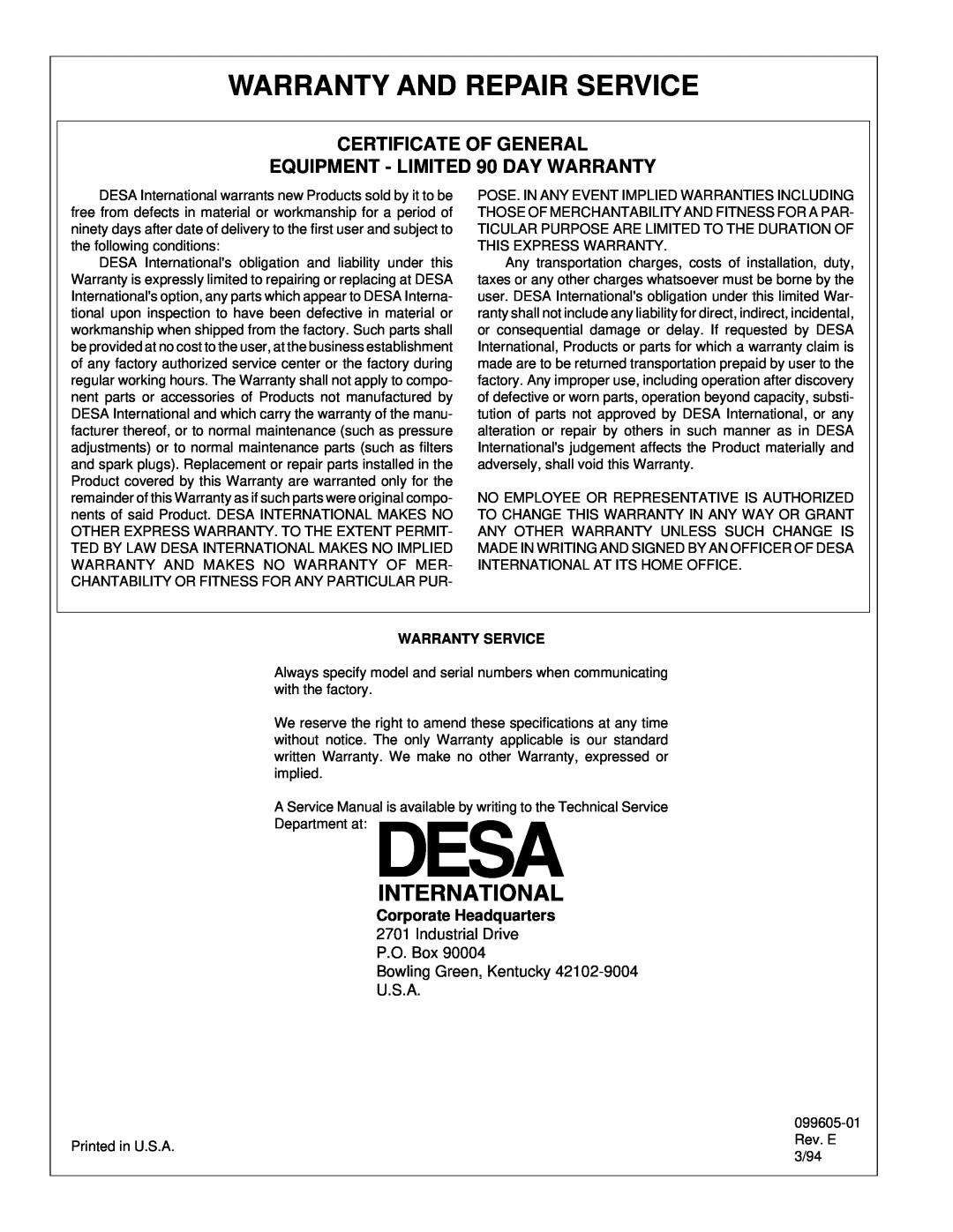 Desa H.S.I. Series owner manual Warranty And Repair Service, Certificate Of General, EQUIPMENT - LIMITED 90 DAY WARRANTY 