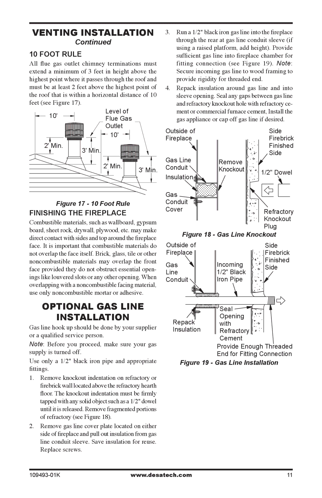 Desa ICBO# 3507 installation manual Optional Gas Line Installation, Foot rule, Finishing the fireplace 