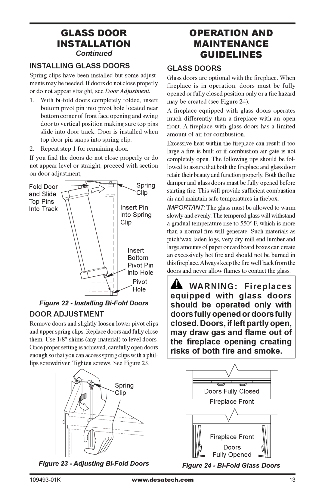 Desa ICBO# 3507 installation manual Operation Maintenance Guidelines, Installing glass doors, Door Adjustment, Glass Doors 