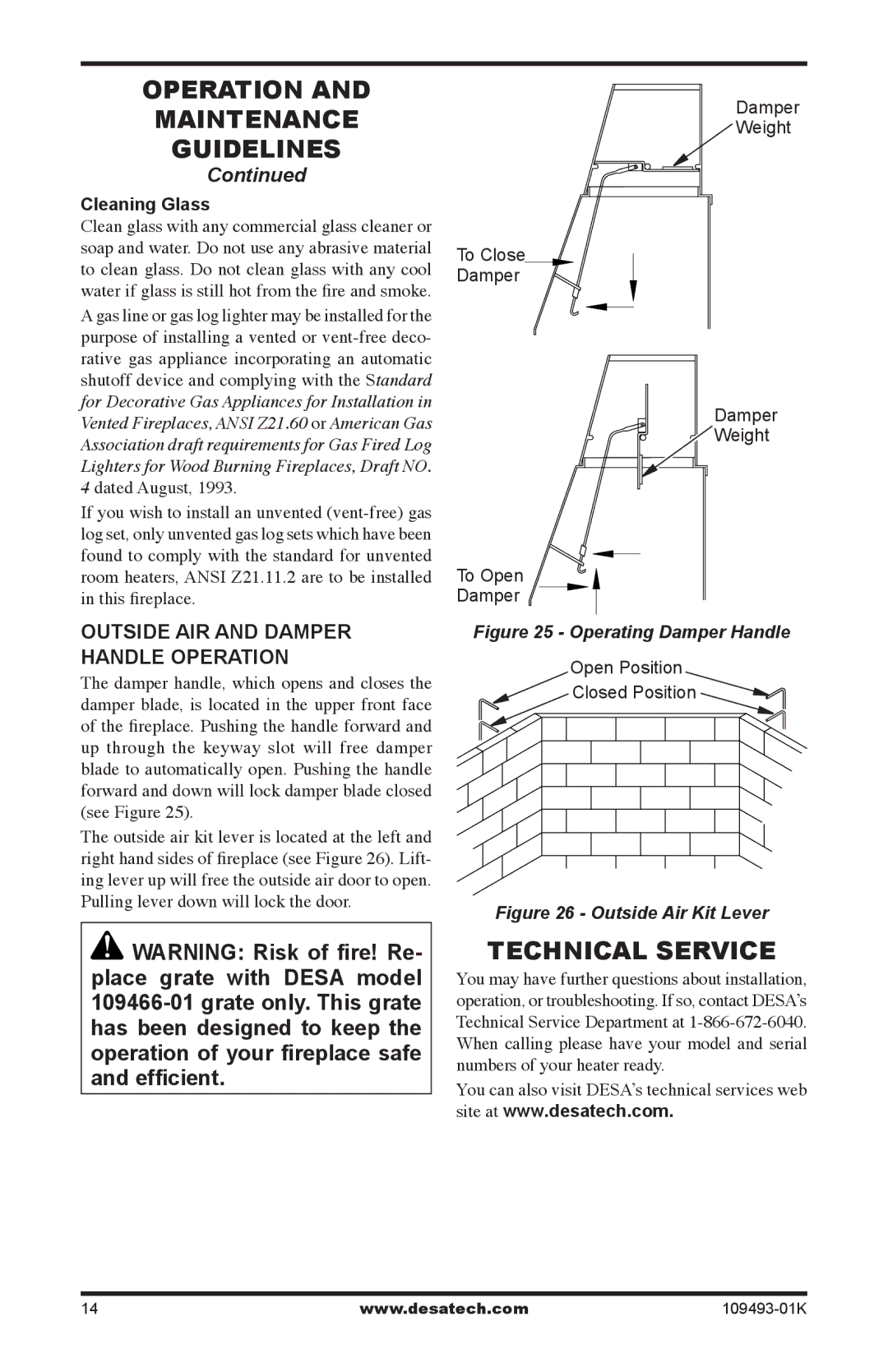 Desa ICBO# 3507 installation manual Technical Service, Outside air and damper handle operation 