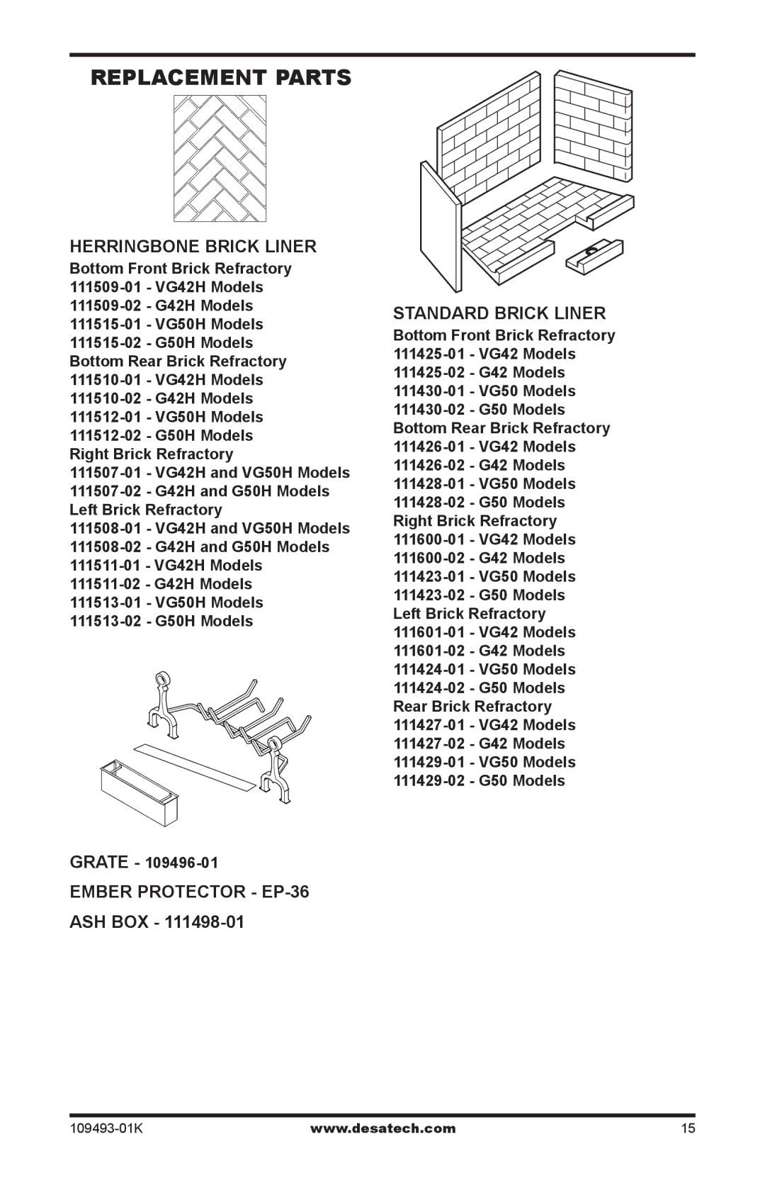 Desa ICBO# 3507 Replacement Parts, Herringbone Brick Liner, Ember Protector EP-36 Ash Box StandarD Brick Liner 