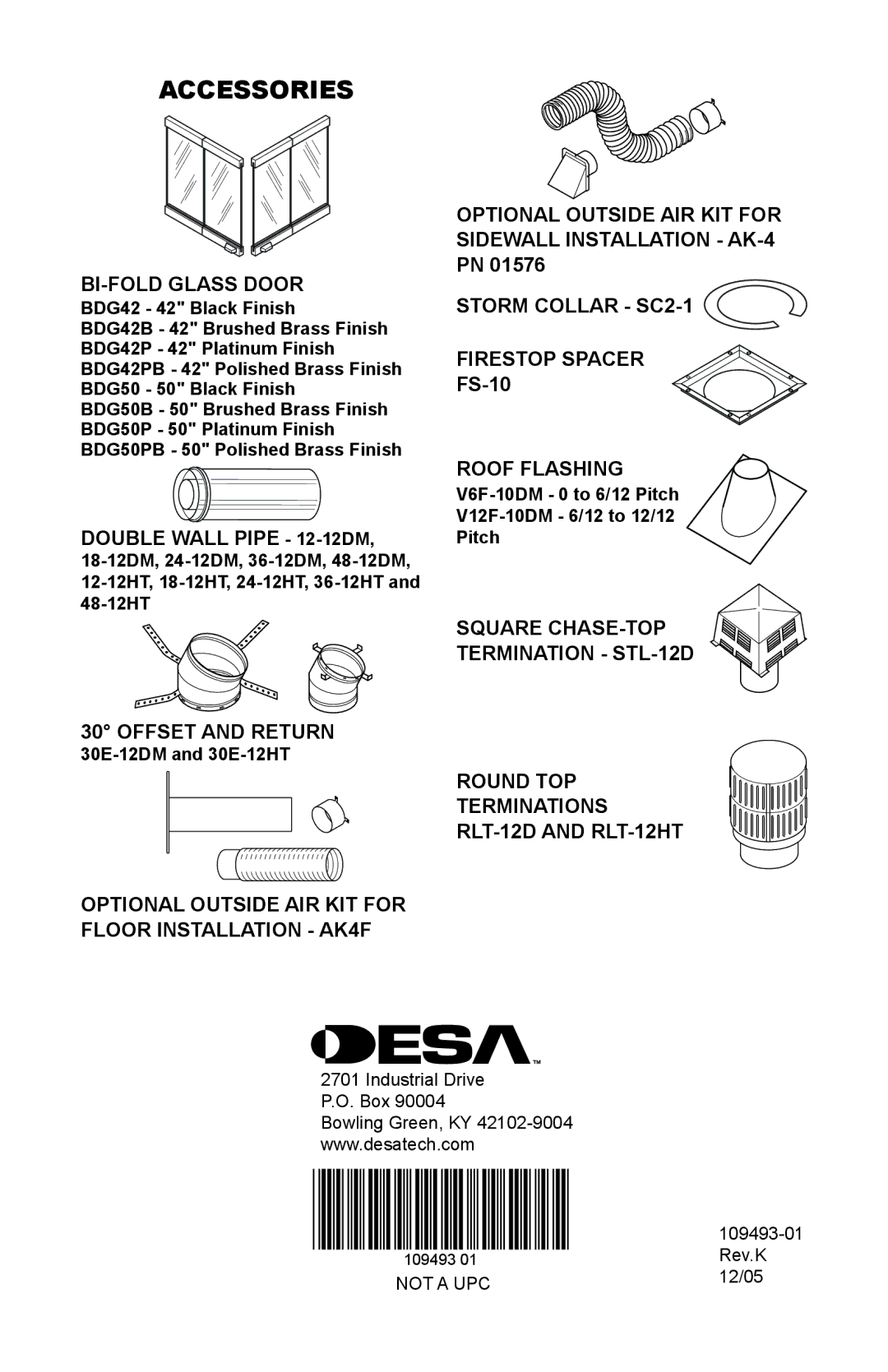 Desa ICBO# 3507 installation manual Accessories, Bi-Fold Glass Door, Double Wall Pipe 12-12DM, Offset and Return 