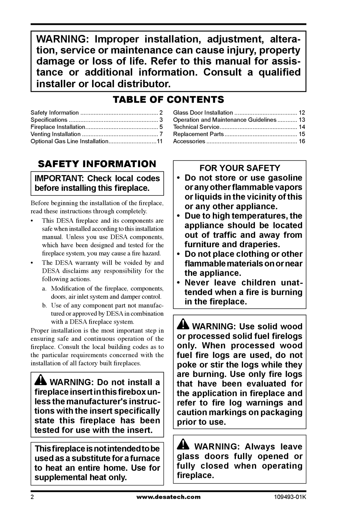 Desa ICBO# 3507 installation manual Table of Contents, Safety Information 