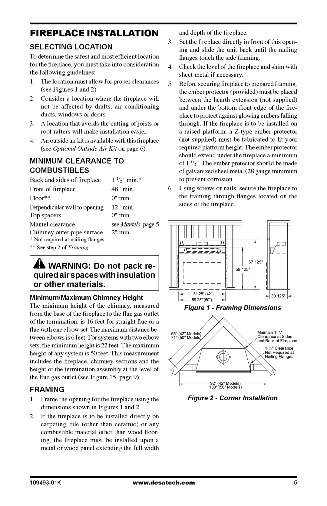 Desa ICBO# 3507 installation manual Fireplace Installation, Selecting location, Minimum clearance to combustibles, Framing 