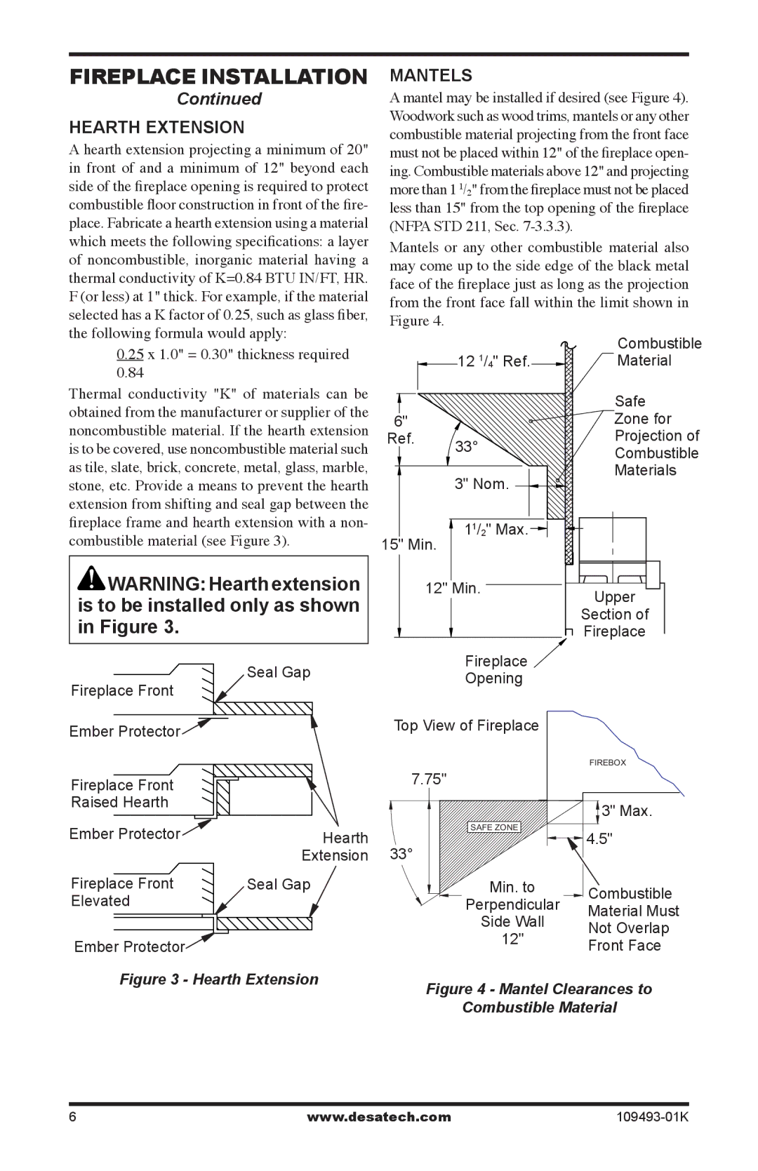 Desa ICBO# 3507 installation manual Hearth Extension, Mantels 