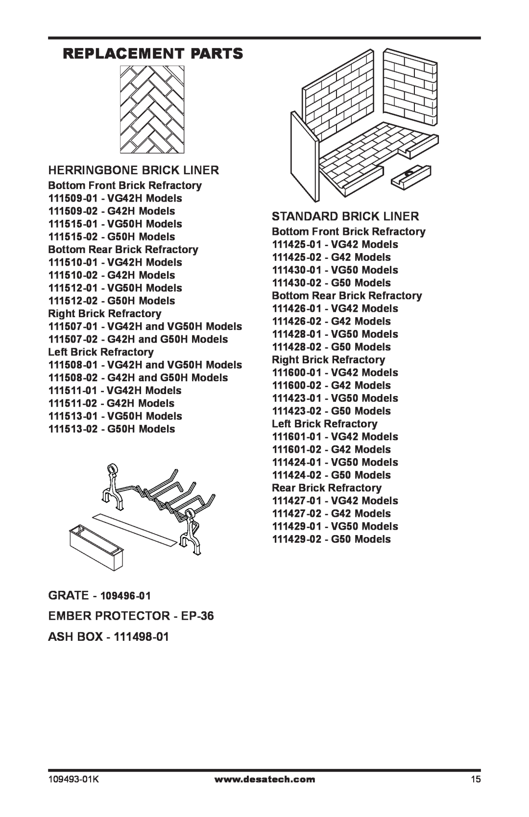 Desa ICBO# 3507 Replacement Parts, Herringbone Brick Liner, Ember Protector - EP-36 Ash Box, StandarD Brick Liner 