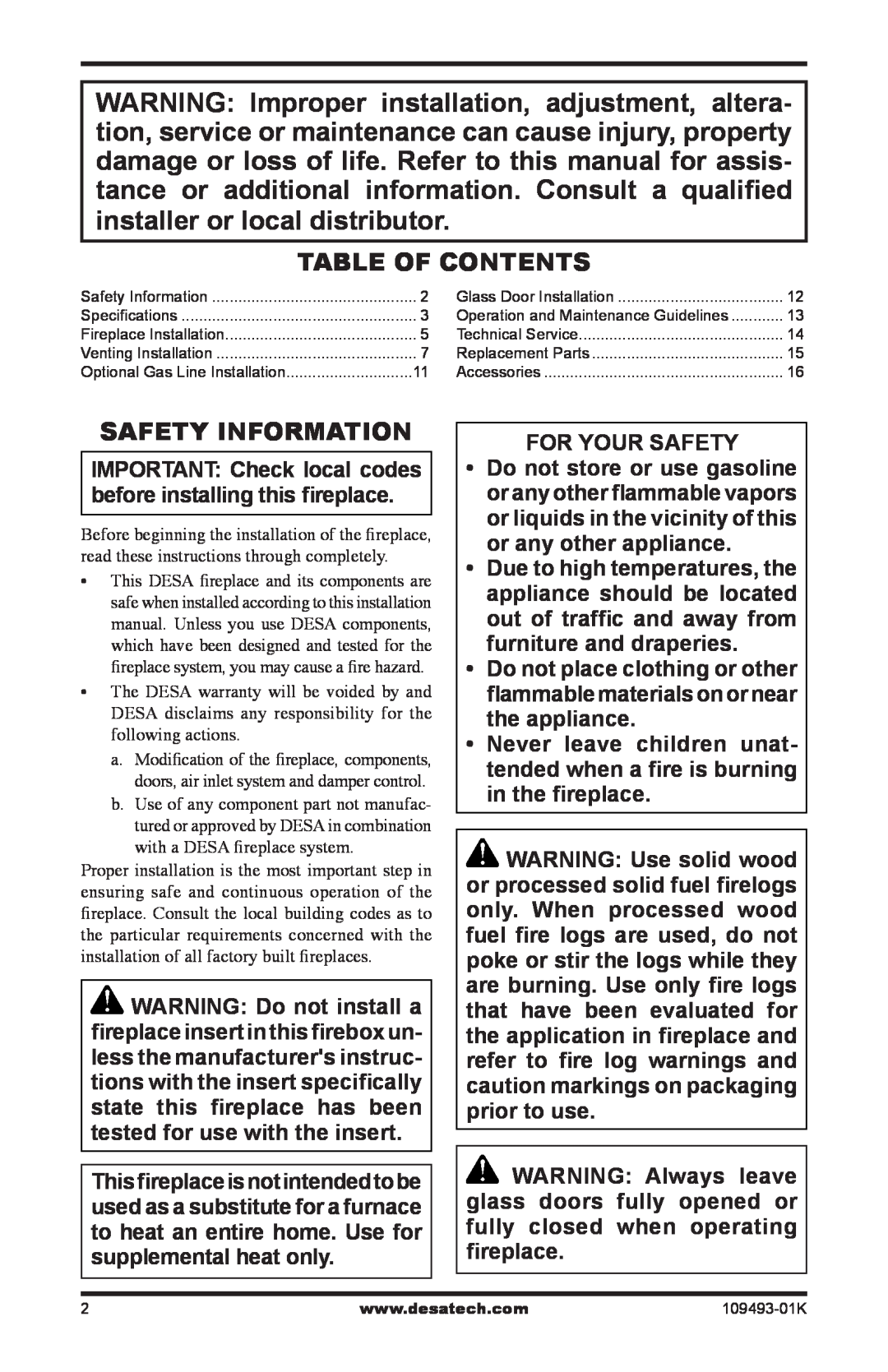 Desa ICBO# 3507 installation manual Table of Contents, Safety Information, For Your Safety 