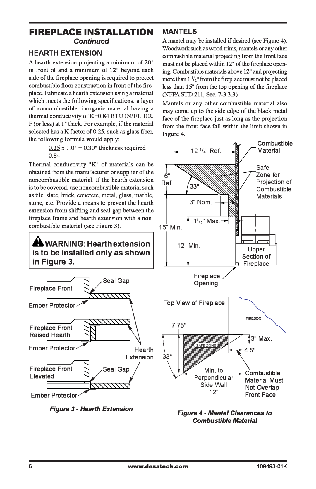 Desa ICBO# 3507 Fireplace Installation, WARNING Hearth extension, is to be installed only as shown in Figure, Continued 