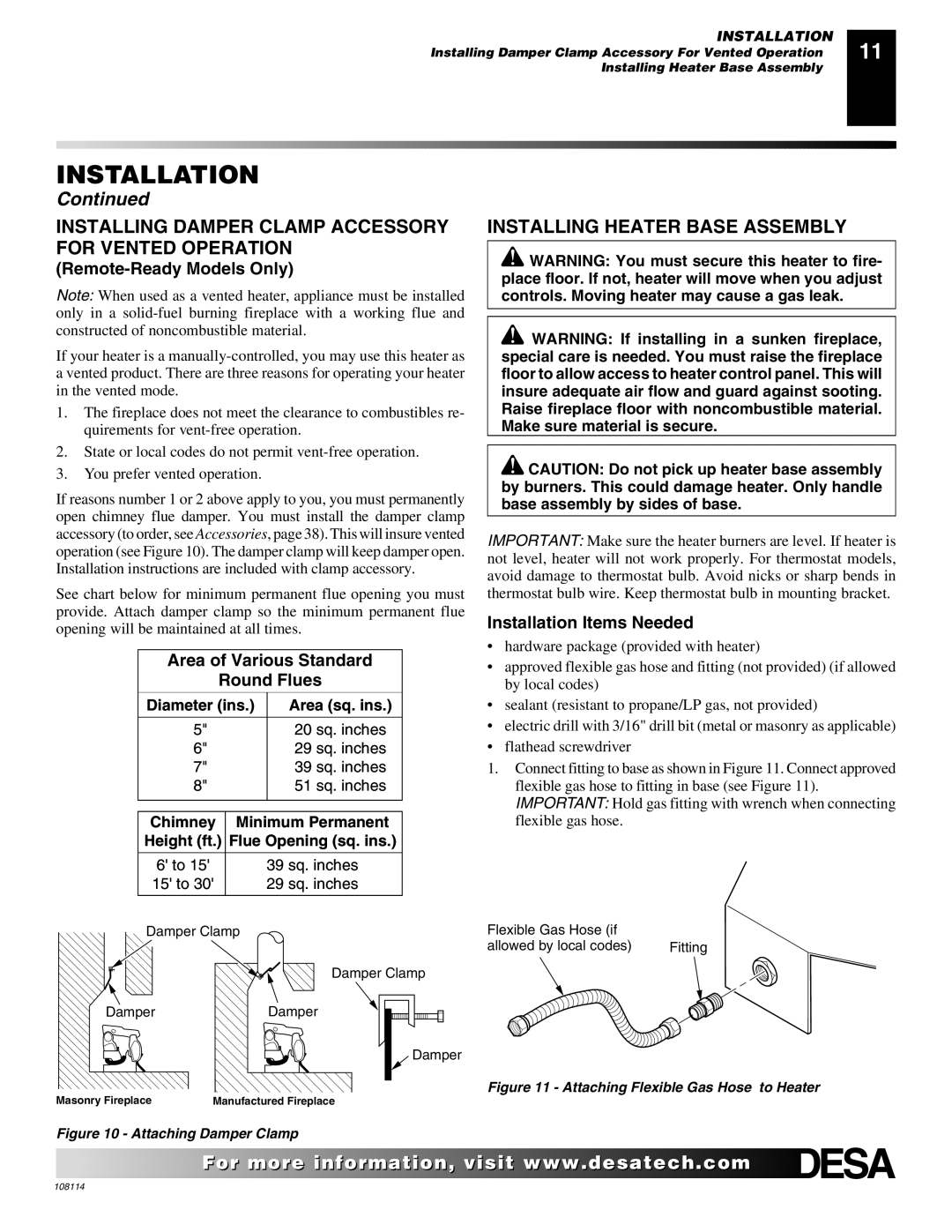 Desa INTERNATIONAL UNVENTED (VENT-FREE) GAS LOG HEATER Installing Damper Clamp Accessory for Vented Operation 