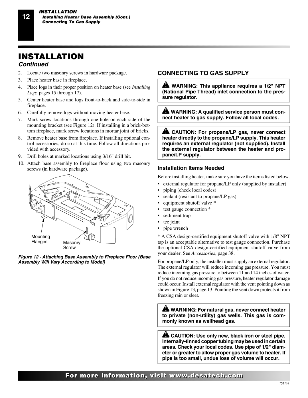 Desa INTERNATIONAL UNVENTED (VENT-FREE) GAS LOG HEATER installation manual Connecting to GAS Supply 