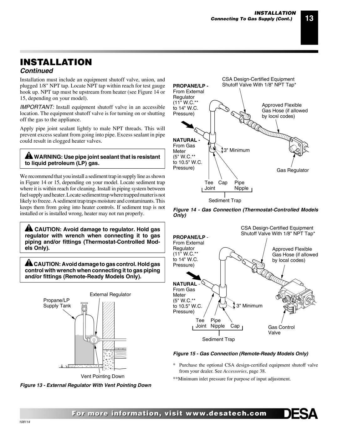 Desa INTERNATIONAL UNVENTED (VENT-FREE) GAS LOG HEATER installation manual External Regulator With Vent Pointing Down 