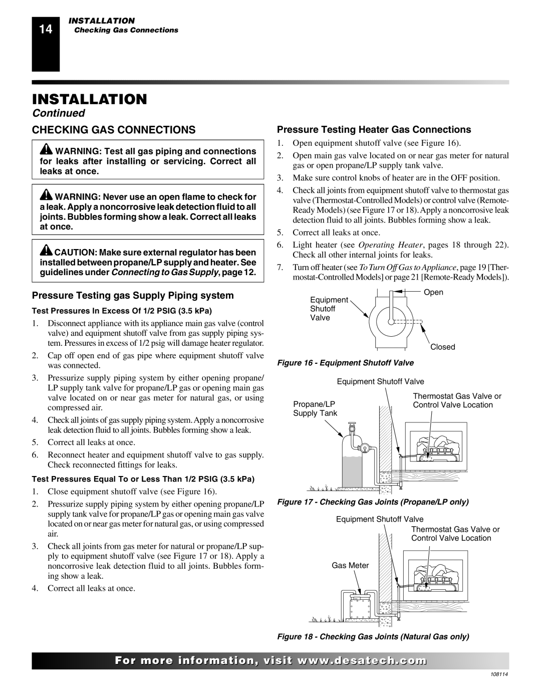 Desa INTERNATIONAL UNVENTED (VENT-FREE) GAS LOG HEATER Checking GAS Connections, Pressure Testing gas Supply Piping system 