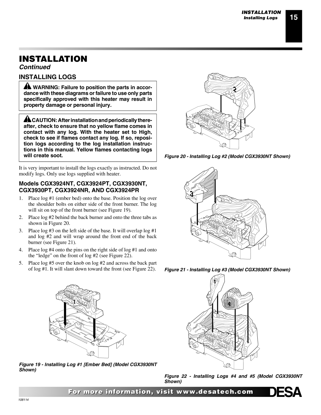 Desa INTERNATIONAL UNVENTED (VENT-FREE) GAS LOG HEATER Installing Logs, Installing Log #2 Model CGX3930NT Shown 