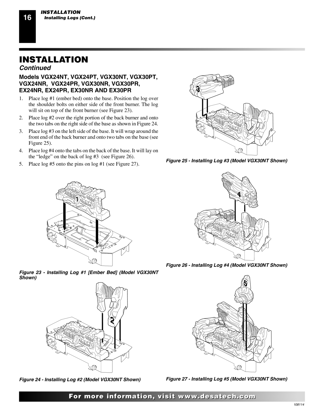 Desa INTERNATIONAL UNVENTED (VENT-FREE) GAS LOG HEATER installation manual Installing Log #3 Model VGX30NT Shown 