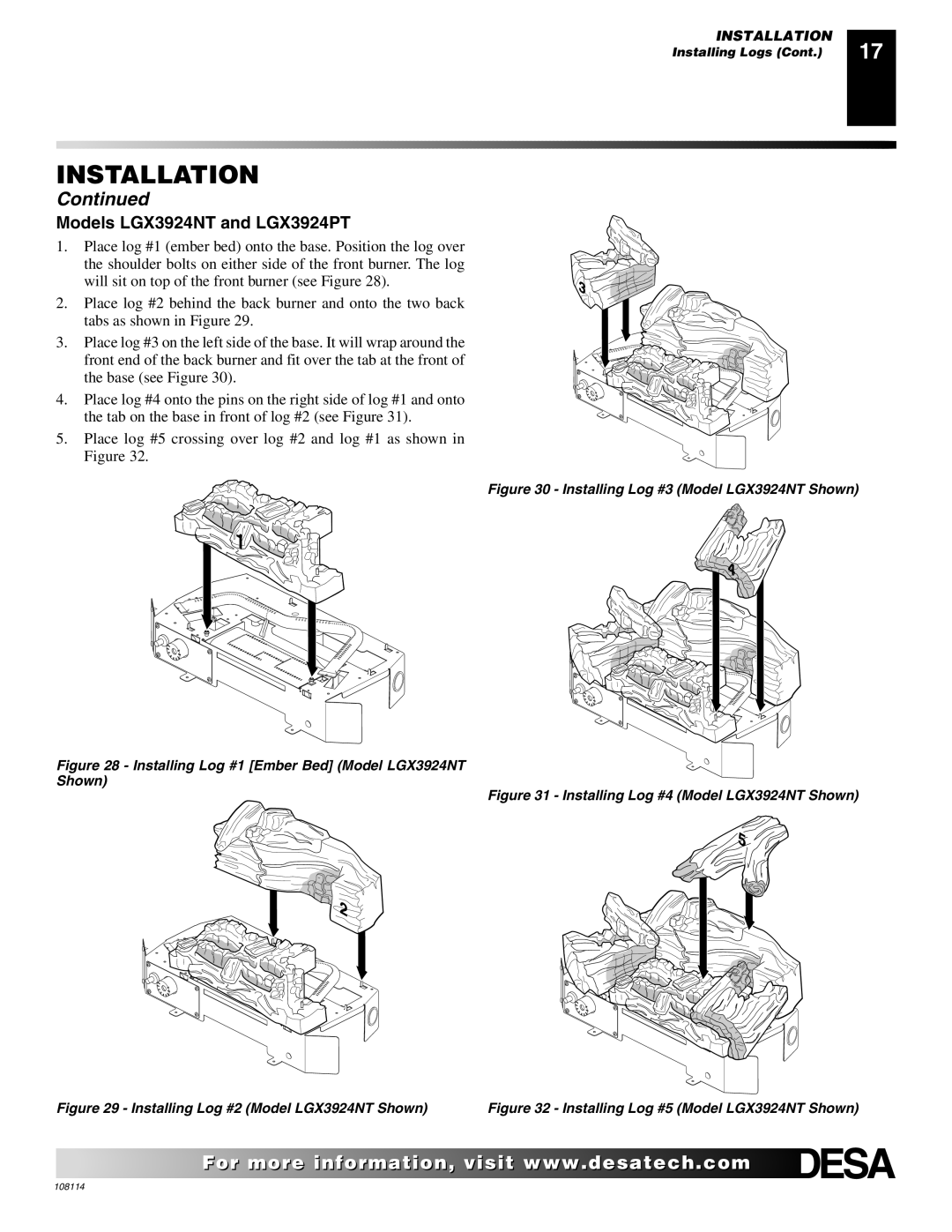 Desa INTERNATIONAL UNVENTED (VENT-FREE) GAS LOG HEATER installation manual Models LGX3924NT and LGX3924PT 