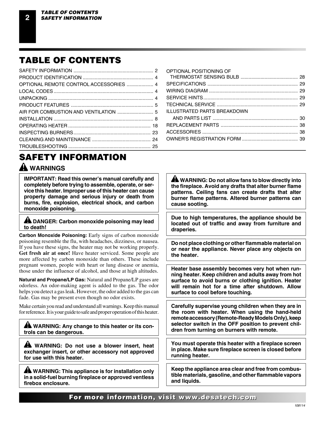 Desa INTERNATIONAL UNVENTED (VENT-FREE) GAS LOG HEATER installation manual Table of Contents, Safety Information 