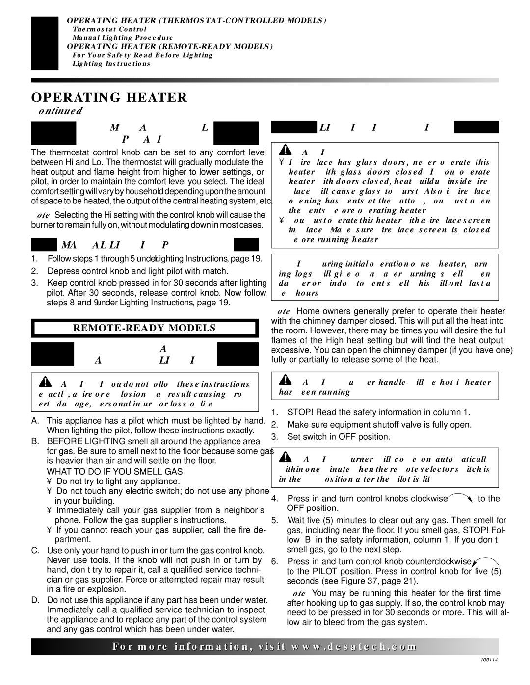 Desa INTERNATIONAL UNVENTED (VENT-FREE) GAS LOG HEATER Thermostat Control Operation, Manual Lighting Procedure 