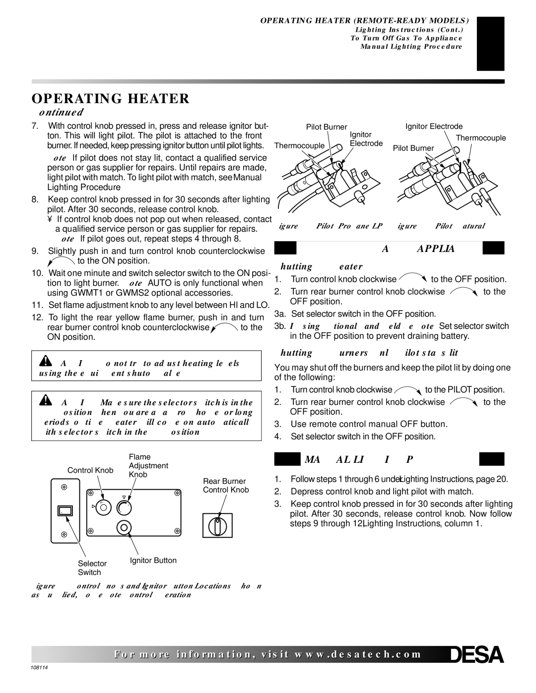 Desa INTERNATIONAL UNVENTED (VENT-FREE) GAS LOG HEATER installation manual Flame 