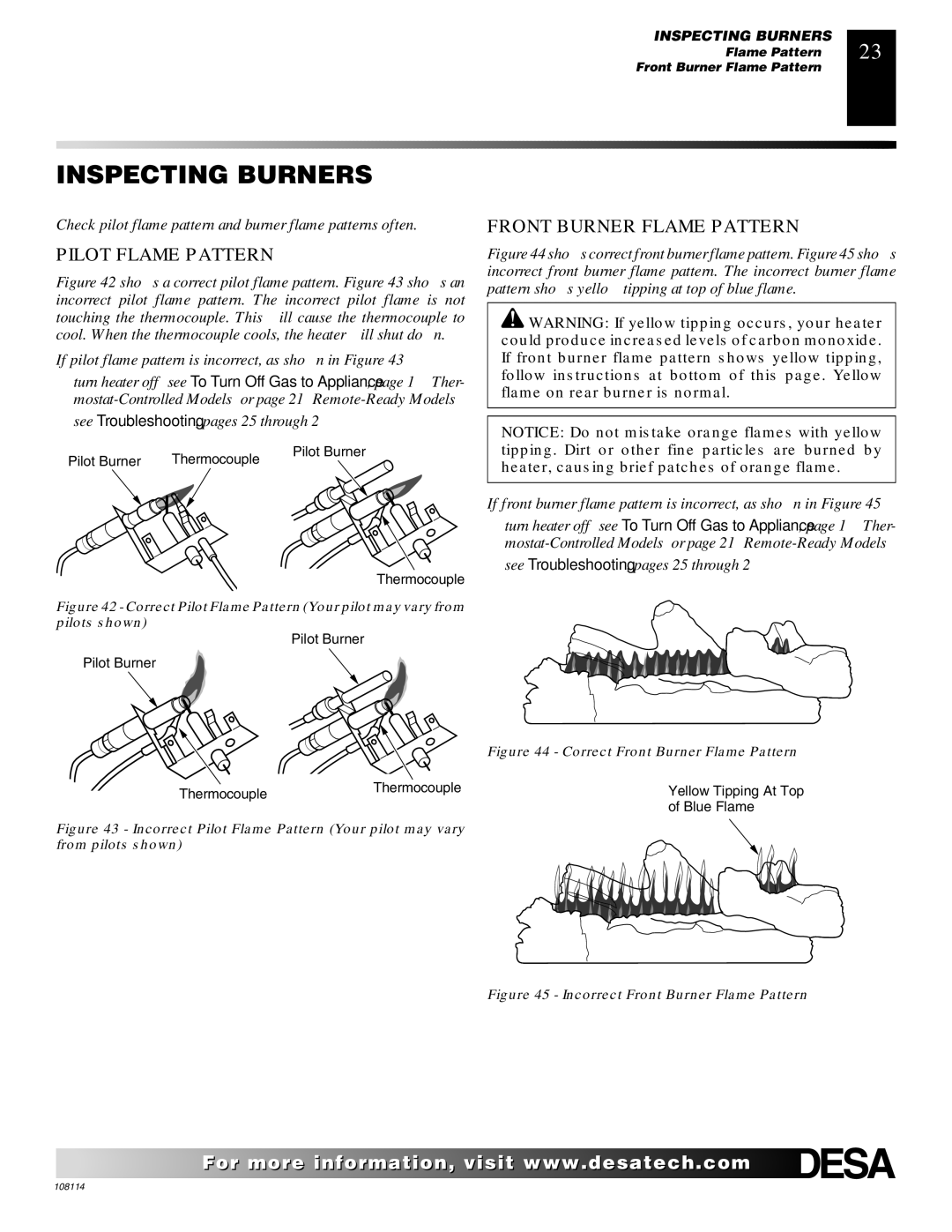 Desa INTERNATIONAL UNVENTED (VENT-FREE) GAS LOG HEATER Inspecting Burners, Pilot Flame Pattern, Front Burner Flame Pattern 