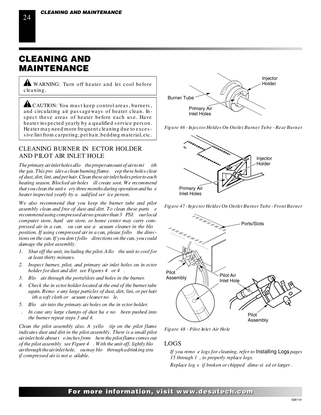 Desa INTERNATIONAL UNVENTED (VENT-FREE) GAS LOG HEATER installation manual Cleaning Maintenance, Logs 