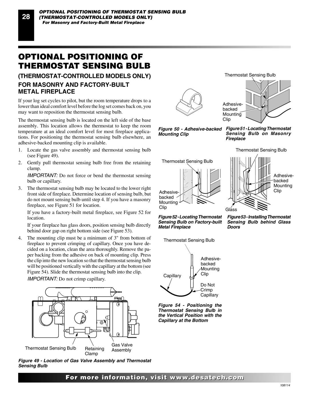 Desa INTERNATIONAL UNVENTED (VENT-FREE) GAS LOG HEATER installation manual Optional Positioning of Thermostat Sensing Bulb 