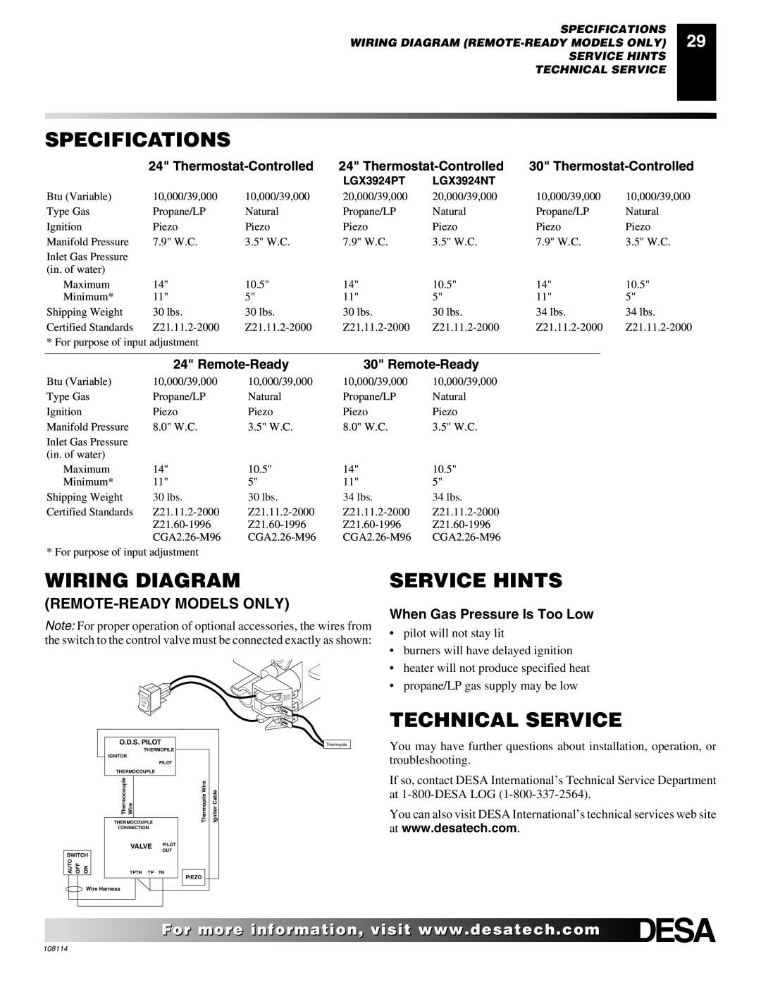 Desa INTERNATIONAL UNVENTED (VENT-FREE) GAS LOG HEATER Specifications, Wiring Diagram, Service Hints, Technical Service 